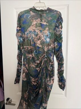 Fashion nova Ruched Long-Sleeve Green Printed Midi Dress